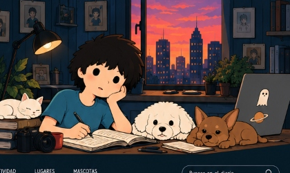 Andy en su escritorio reflexionando en su diario