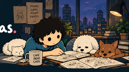 Andy dibujando cómics en su libreta con café