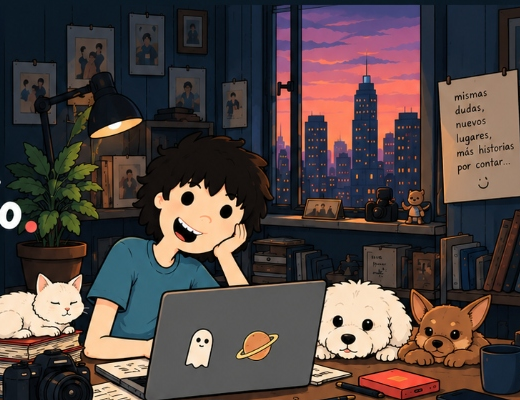 Andy en su escritorio trabajando con su laptop, rodeado de Aphecca, Hito y Tamy con vista al atardecer