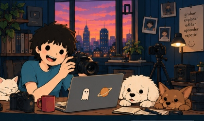 Andy con su cámara fotográfica al atardecer
